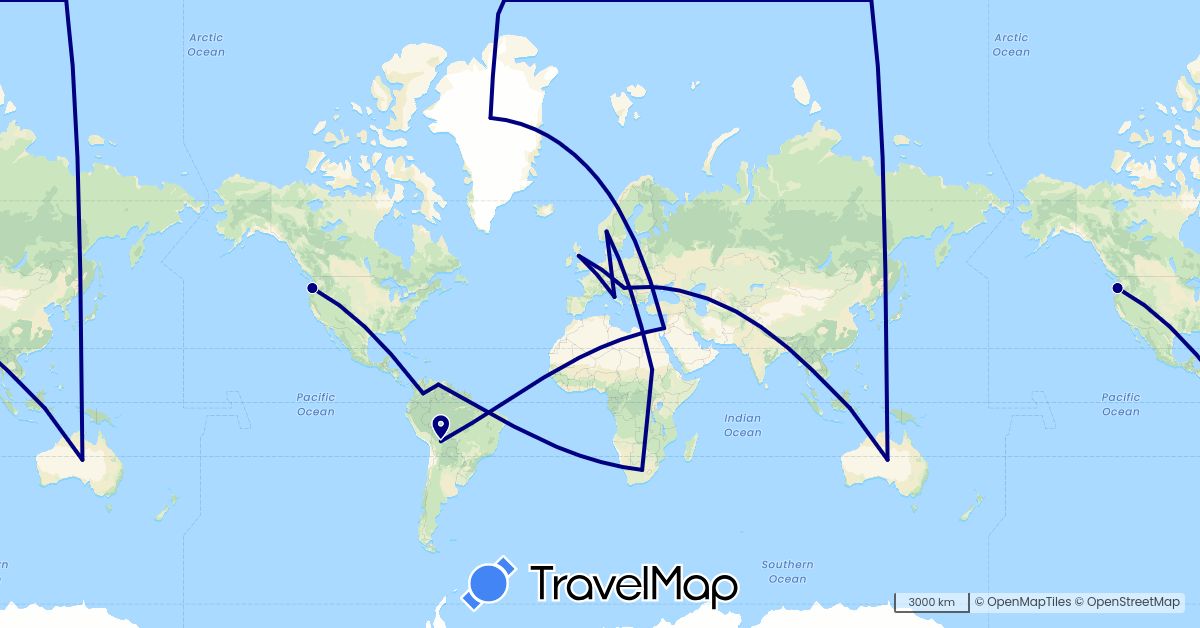 TravelMap itinerary: driving in Australia, Bolivia, Colombia, United Kingdom, Greenland, Croatia, Indonesia, Israel, Italy, Norway, Sudan, United States, Venezuela, South Africa (Africa, Asia, Europe, North America, Oceania, South America)